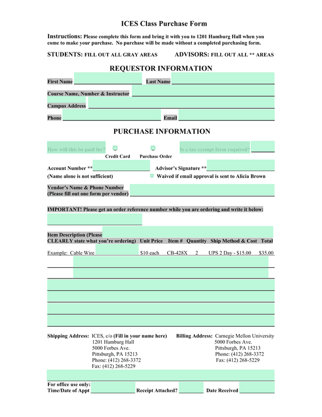 ICES Class Purchase Form screenshot