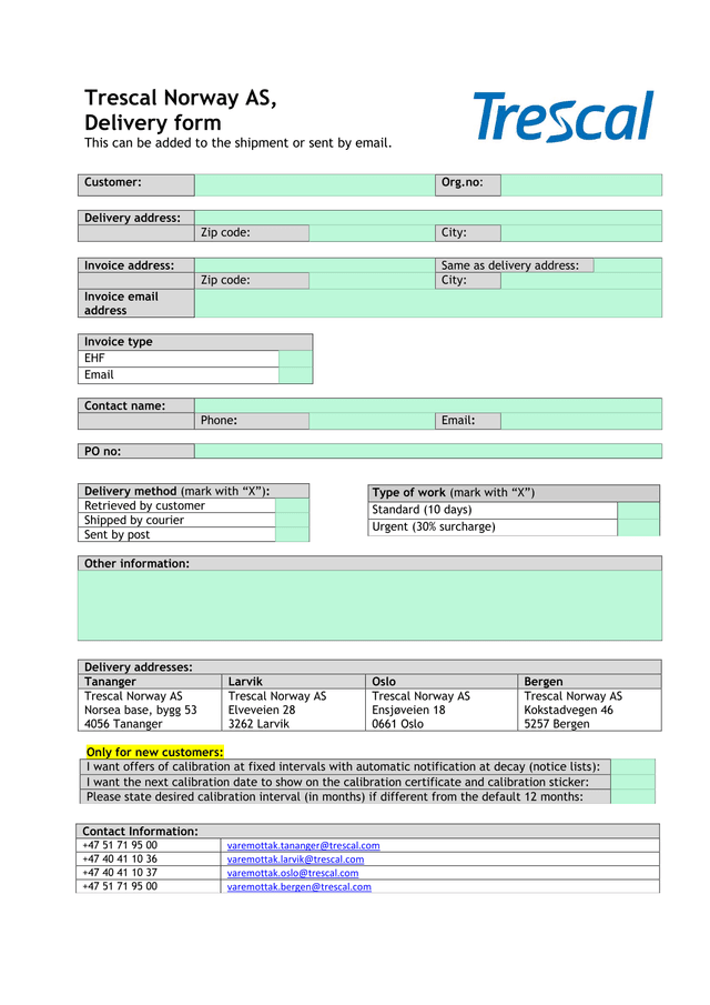 Trescal Norway AS Delivery Form screenshot