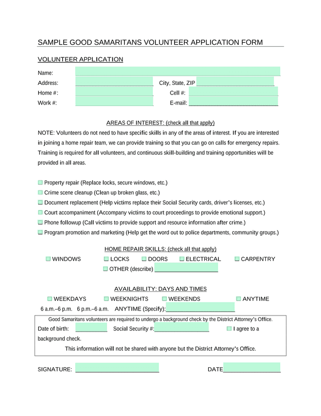 SAMPLE GOOD SAMARITANS VOLUNTEER APPLICATION FORM screenshot