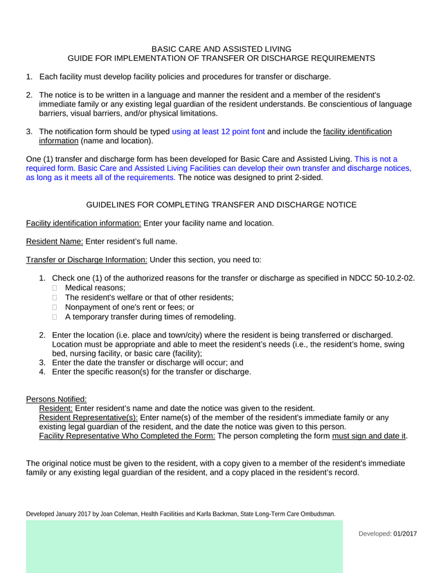 BASIC CARE AND ASSISTED LIVING GUIDE FOR IMPLEMENTATION OF TRANSFER OR DISCHARGE REQUIREMENTS screenshot