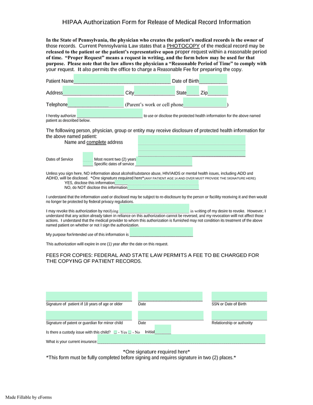 HIPAA Authorization Form For Release Of Medical Record Information screenshot