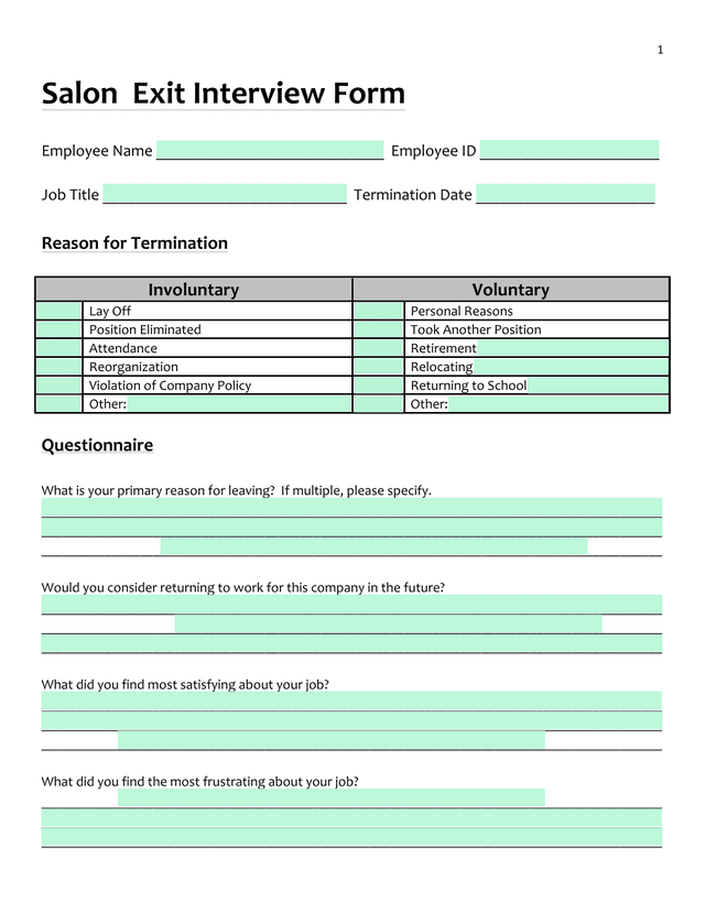 Salon Exit Interview Form screenshot