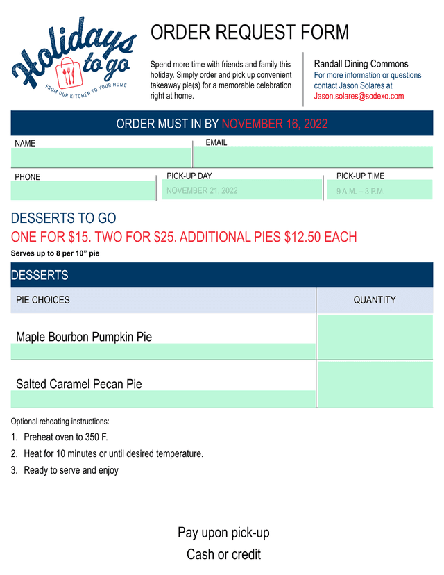 Desserts To Go Order Request Form screenshot