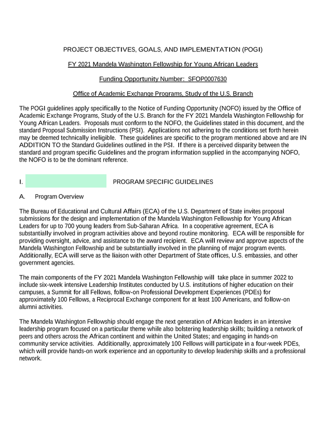 Project Objectives, Goals, And Implementation (POGI) For FY 2021 Mandela Washington Fellowship screenshot