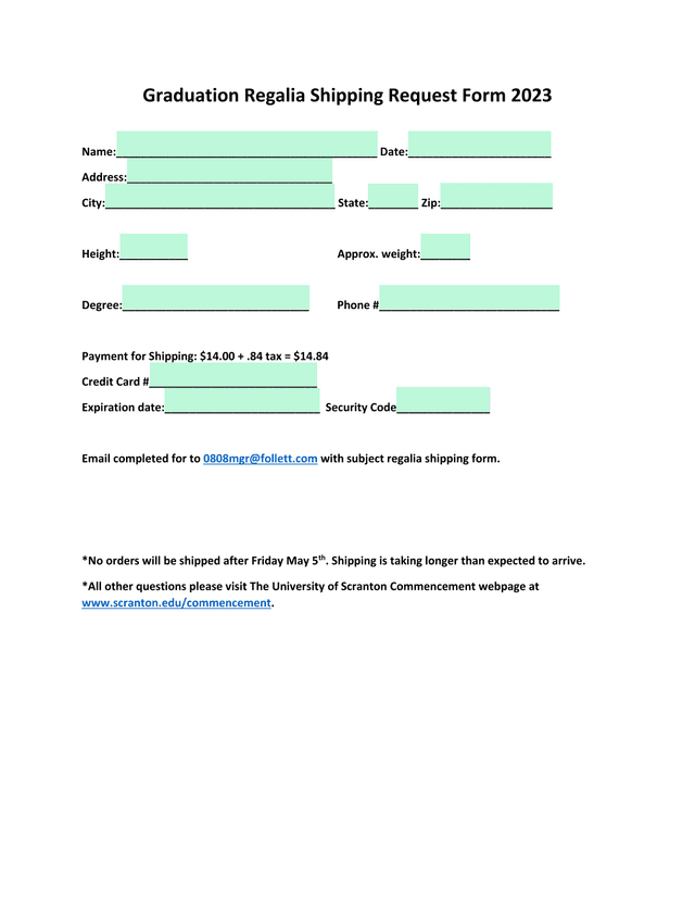 Graduation Regalia Shipping Request Form 2023 screenshot