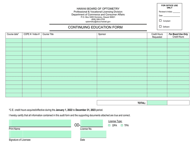 Hawaii Board Of Optometry Continuing Education Form screenshot