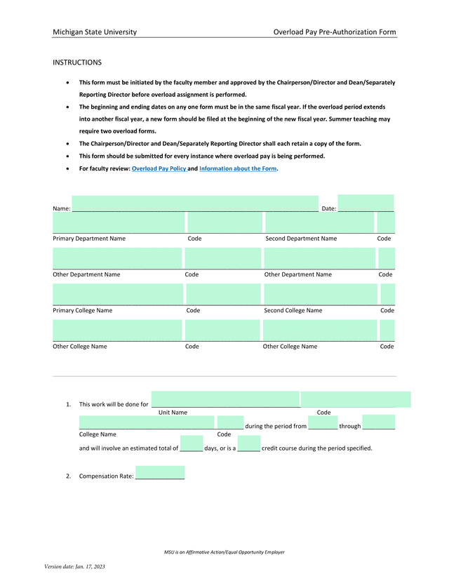 Michigan State University Overload Pay Pre Authorization Form screenshot