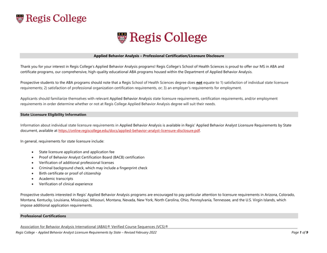 Regis College   Applied Behavior Analyst Licensure Requirements By State screenshot