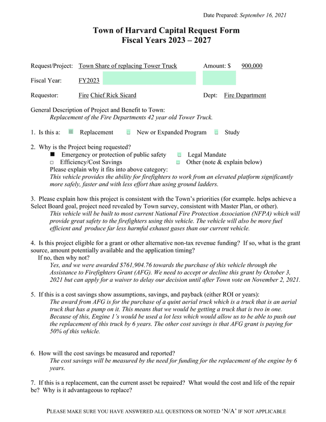 Town Of Harvard Capital Request Form screenshot