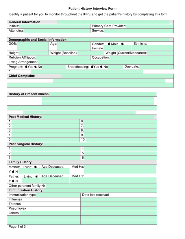 Patient History Interview Form screenshot