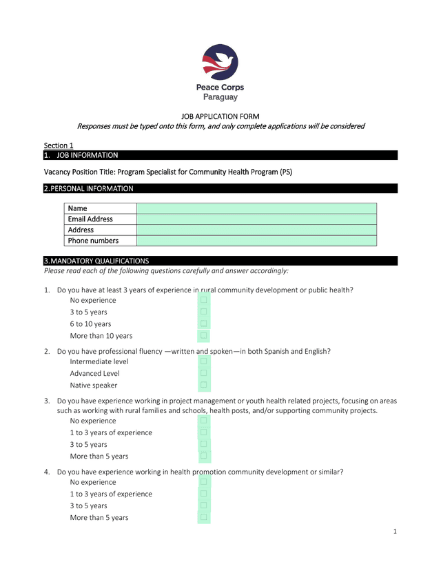 Paraguay JOB APPLICATION FORM screenshot