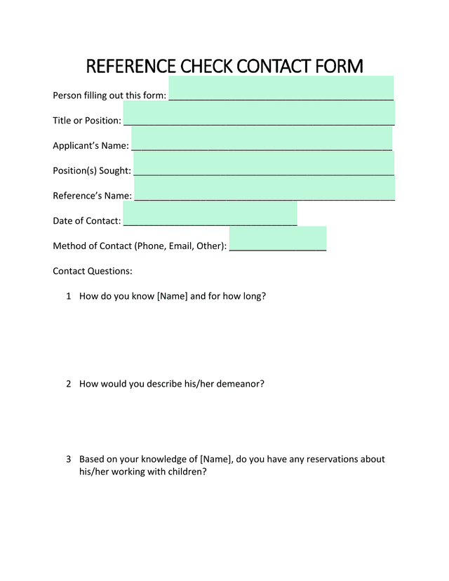 REFERENCE CHECK CONTACT FORM screenshot