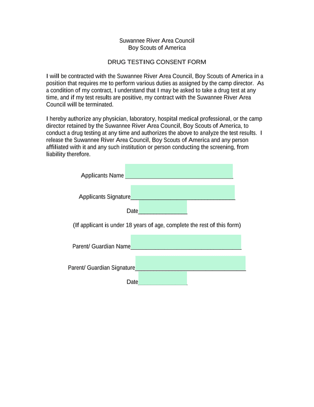 Drug Testing Consent Form screenshot