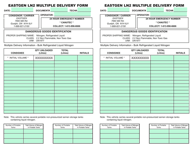 EASTGEN LN2 MULTIPLE DELIVERY FORM screenshot
