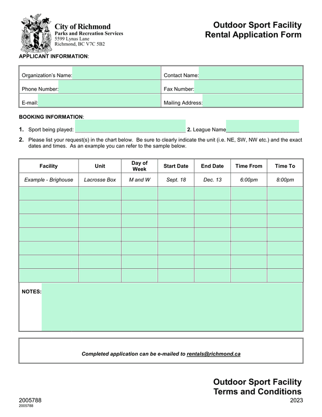 Outdoor Sport Facility Rental Application Form screenshot