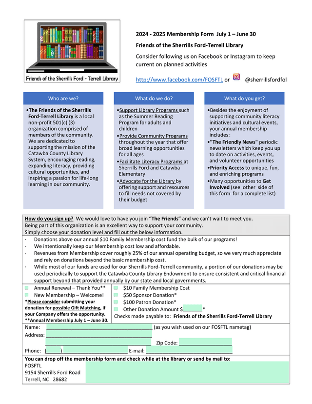 Friends Of The Sherrills Ford Terrell Library Membership Form screenshot