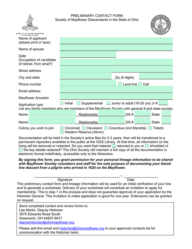 Preliminary Contact Form screenshot