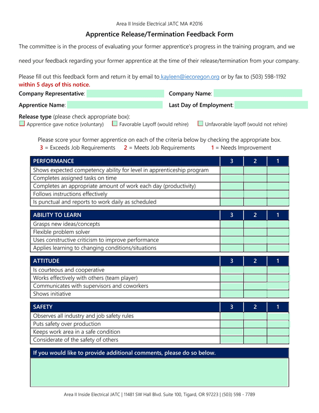 Apprentice ReleaseTermination Feedback Form screenshot