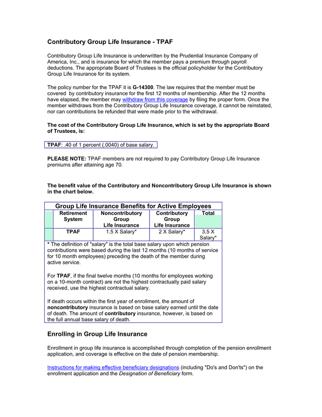 Contributory Group Life Insurance   TPAF screenshot