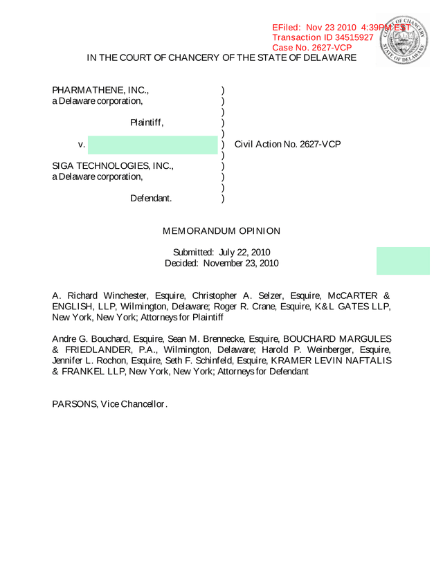 PharmAthene, Inc. V. SIGA Technologies, Inc., Memorandum Opinion screenshot