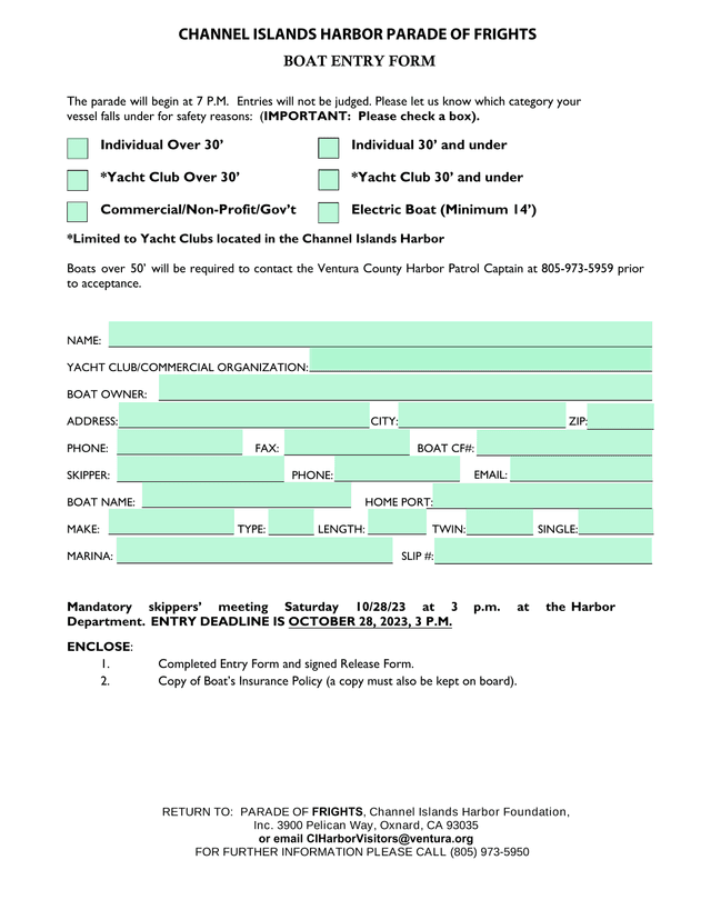 Channel Islands Harbor Parade Of Frights Boat Entry Form screenshot