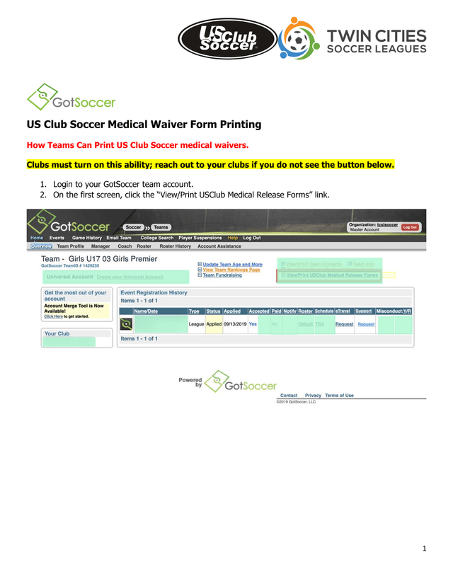 US Club Soccer Medical Waiver Form Printing screenshot