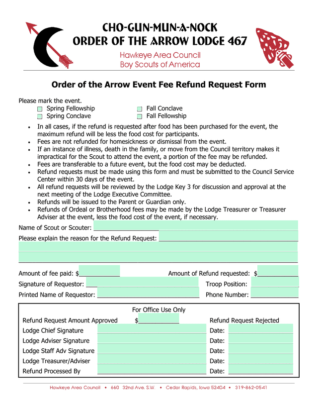 Order Of The Arrow Event Fee Refund Request Form screenshot