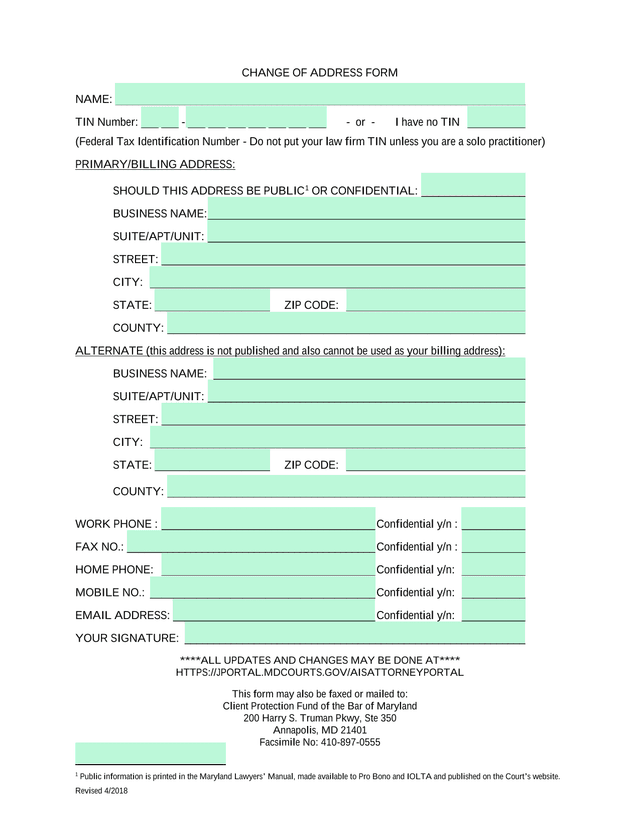Change Of Address Form screenshot