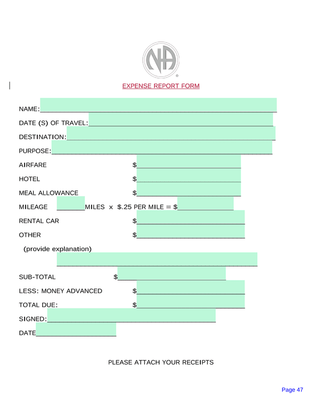 Expense Report Form screenshot
