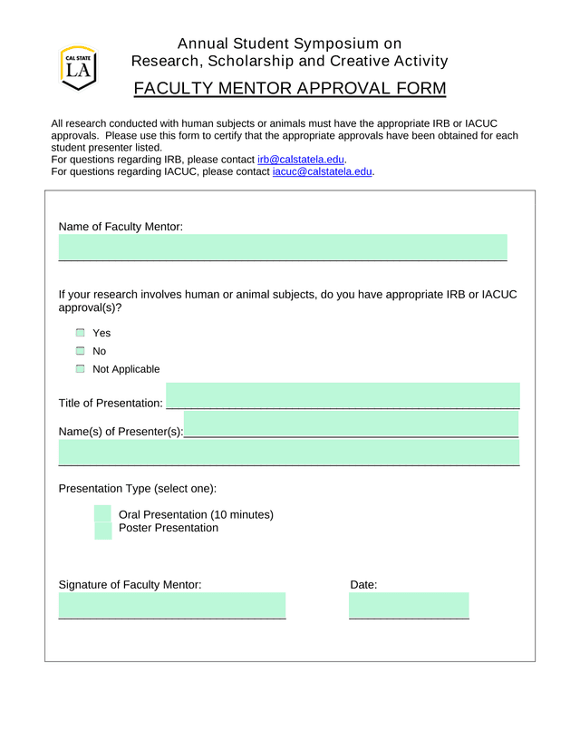 Annual Student Symposium Faculty Mentor Approval Form screenshot