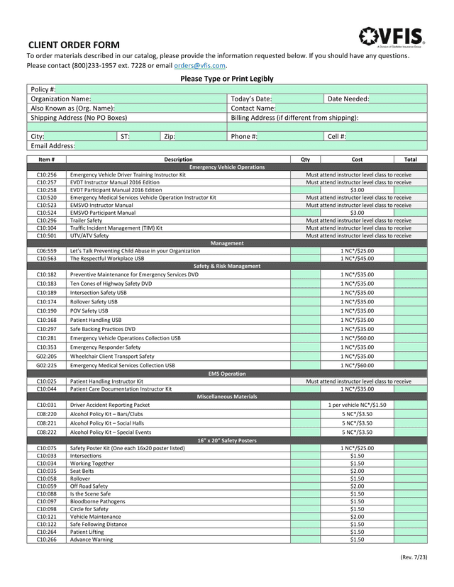 Client Order Form screenshot