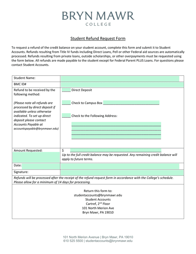 Student Refund Request Form screenshot