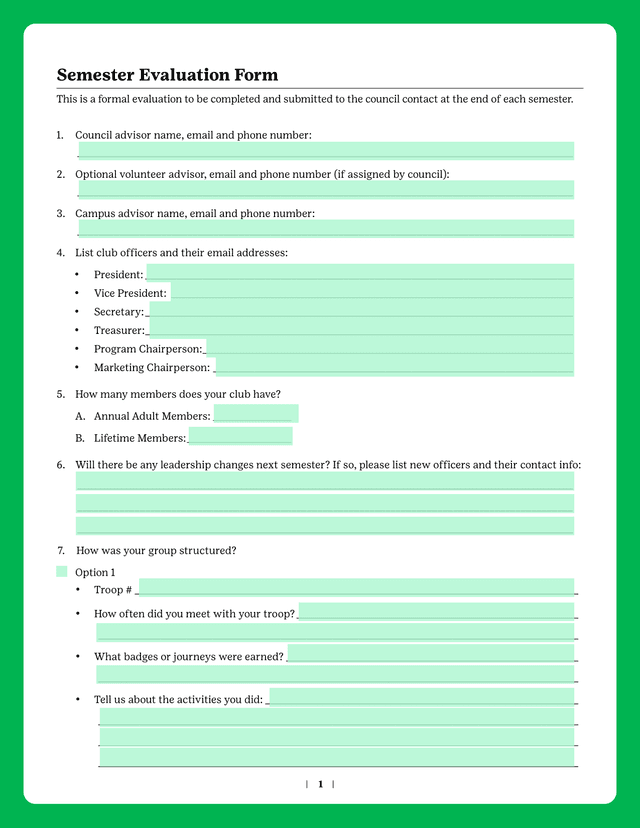 Semester Evaluation Form screenshot