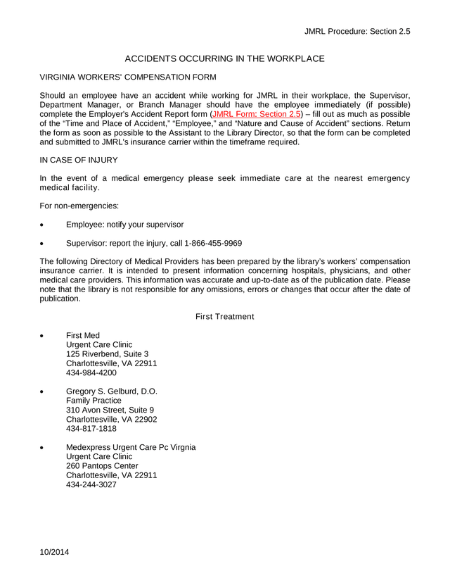 JMRL Procedure Section 2.5   Accidents Occurring In The Workplace screenshot