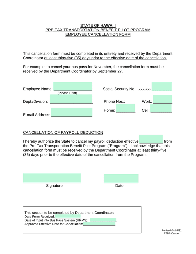 PRE TAX TRANSPORTATION BENEFIT PILOT PROGRAM EMPLOYEE CANCELLATION FORM screenshot