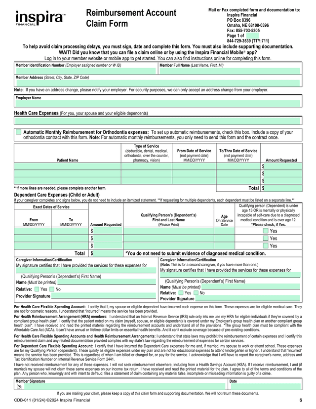 Reimbursement Account Claim Form screenshot