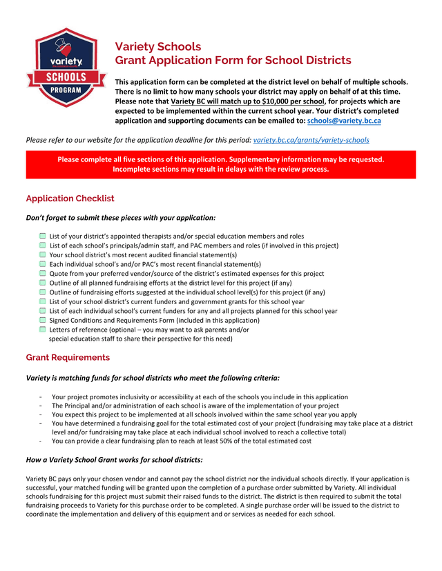 Variety Schools Grant Application Form For School Districts screenshot