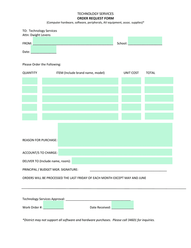 Technology Services Order Request Form screenshot