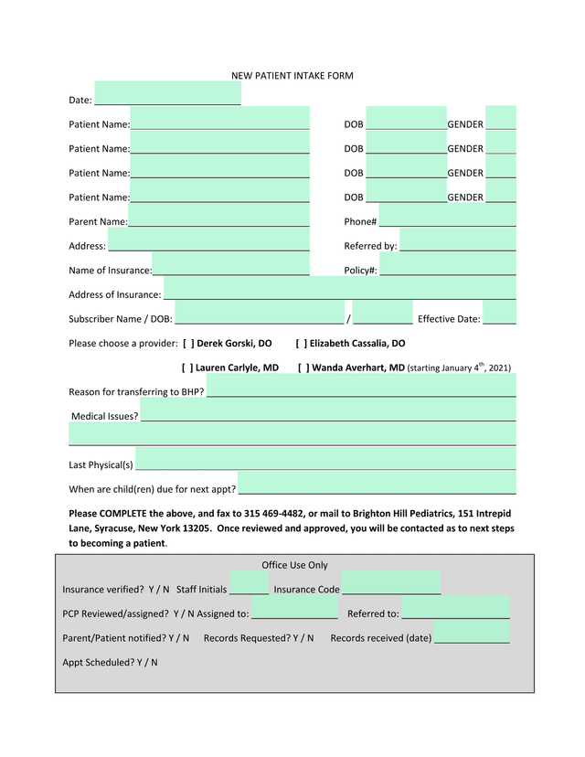 NEW PATIENT INTAKE FORM screenshot