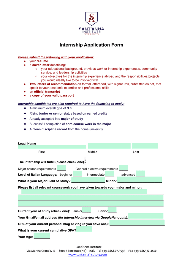 Internship Application Form screenshot