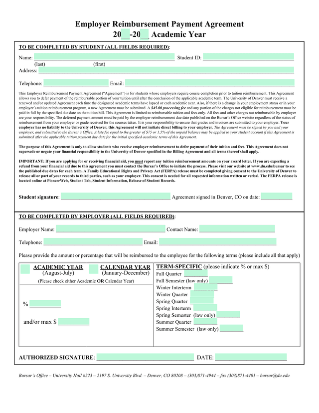 Employer Reimbursement Payment Agreement screenshot