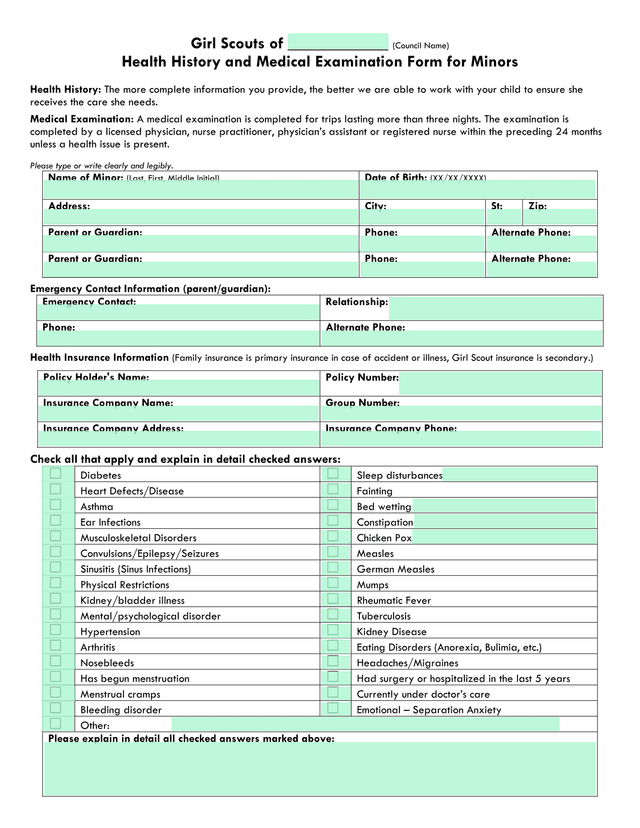 Girl Scouts Health History And Medical Examination Form For Minors screenshot