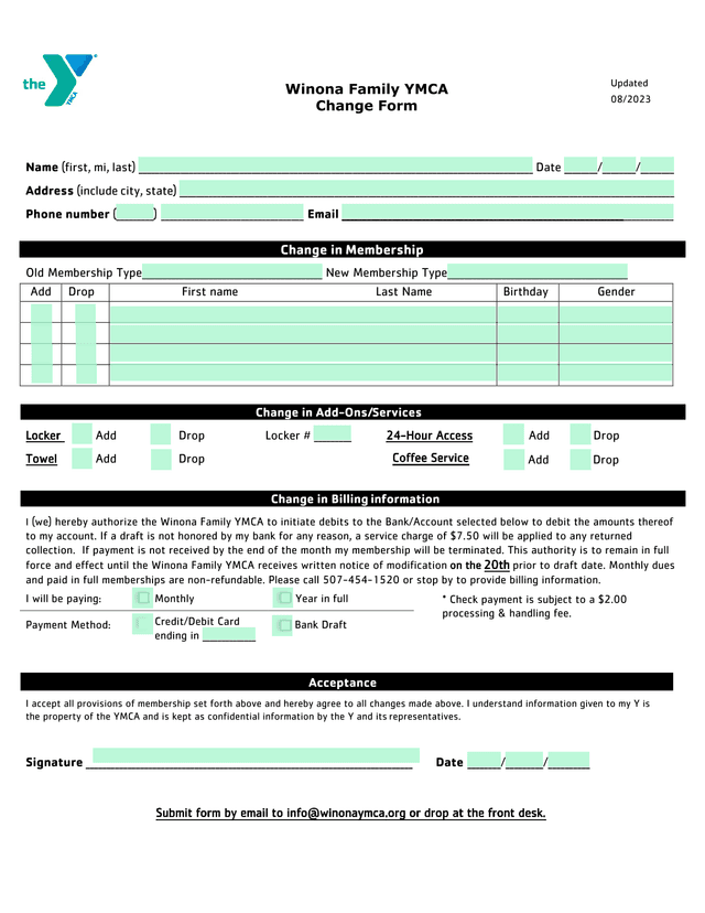 Winona Family YMCA Change Form screenshot