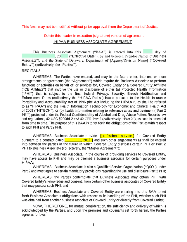 HIPAA Business Associate Agreement screenshot