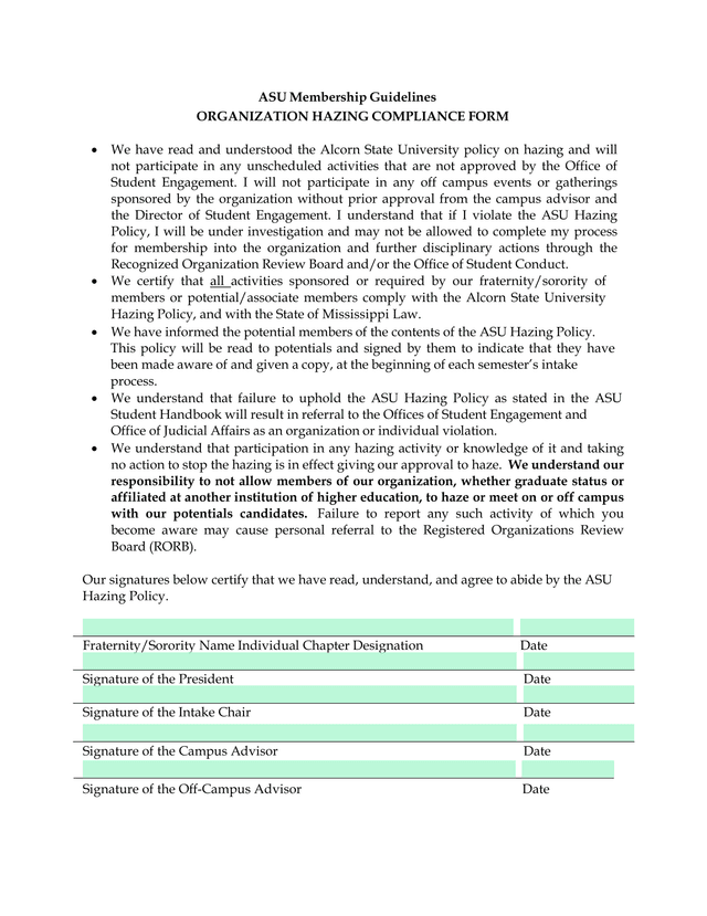 ASU Membership Guidelines ORGANIZATION HAZING COMPLIANCE FORM screenshot