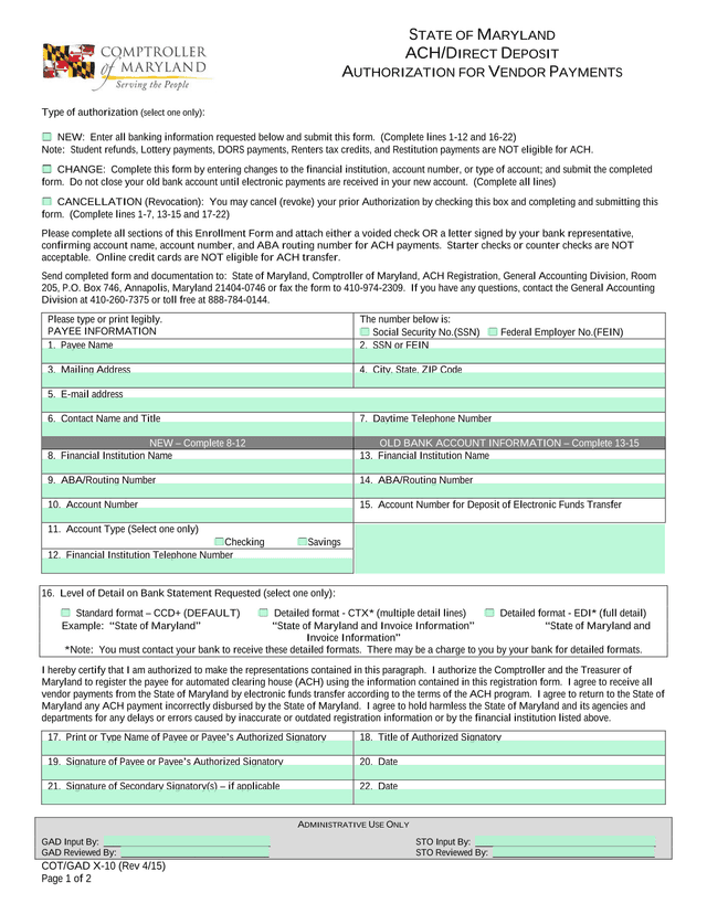 ACH Registration Form screenshot