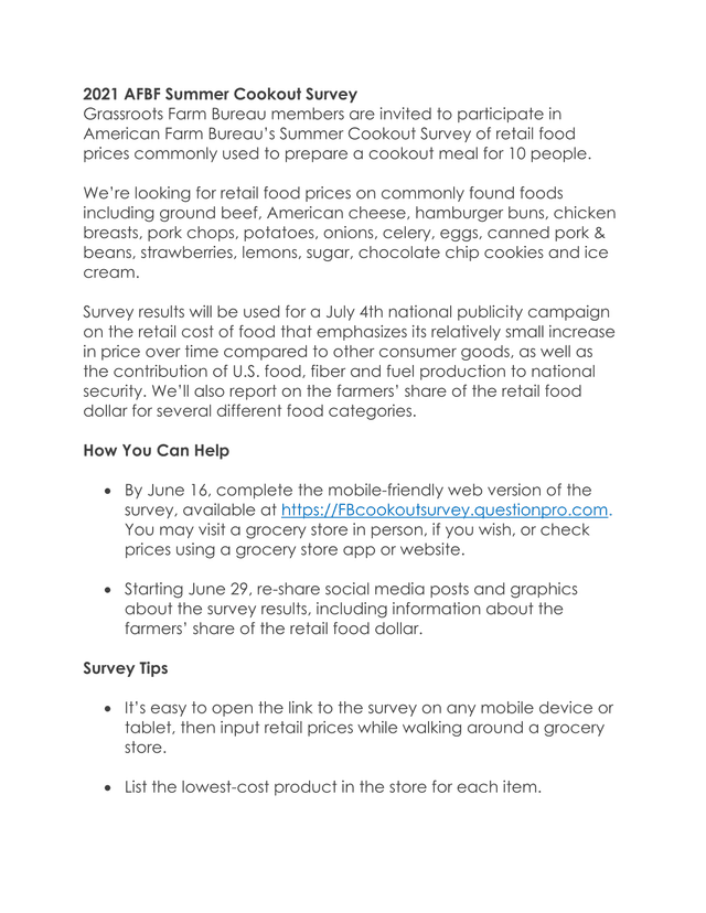 2021 AFBF Summer Cookout Survey screenshot
