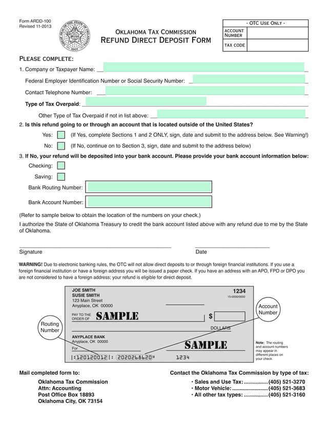 Refund Direct Deposit Form ARDD 100 screenshot