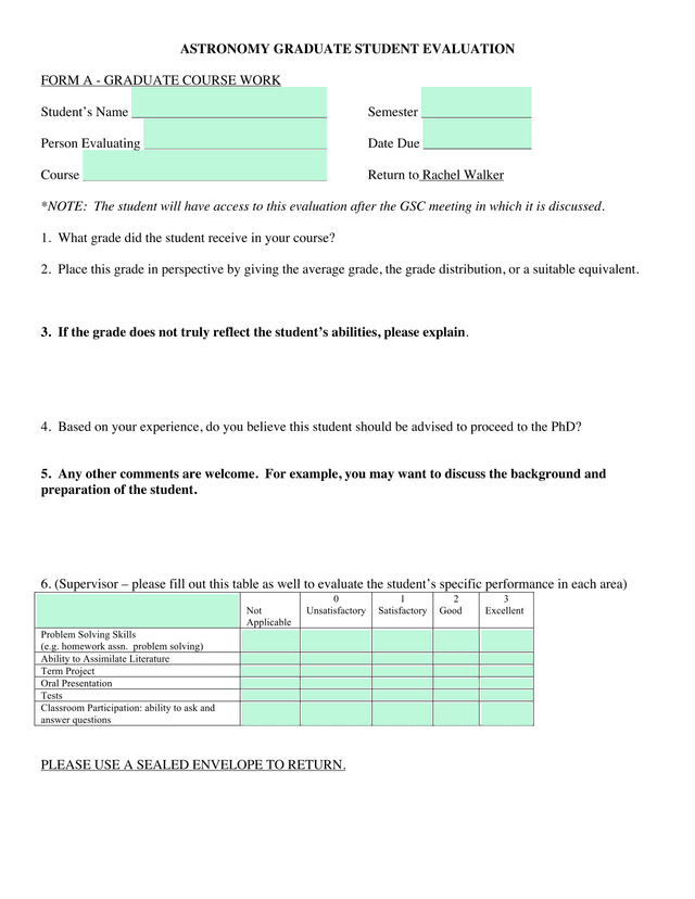 Astronomy Graduate Student Evaluation Form A   Graduate Course Work screenshot