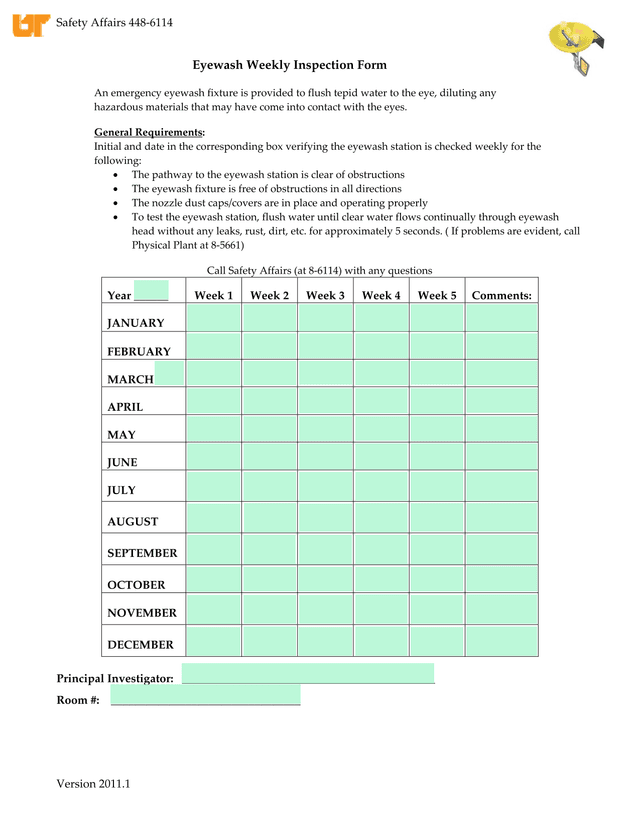 Eyewash Weekly Inspection Form screenshot